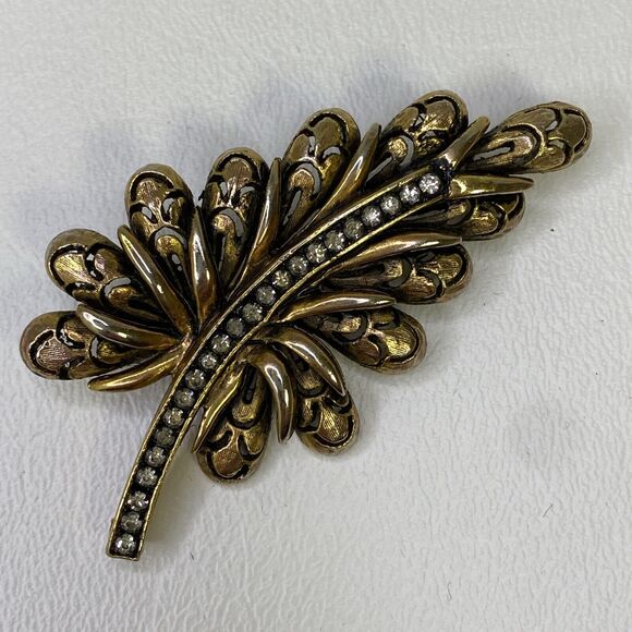 HAR Hargo Creations Leaf Rhinestone Brooch Bronze Gold Tone Vtg 50’s Signed - Picture 1 of 6